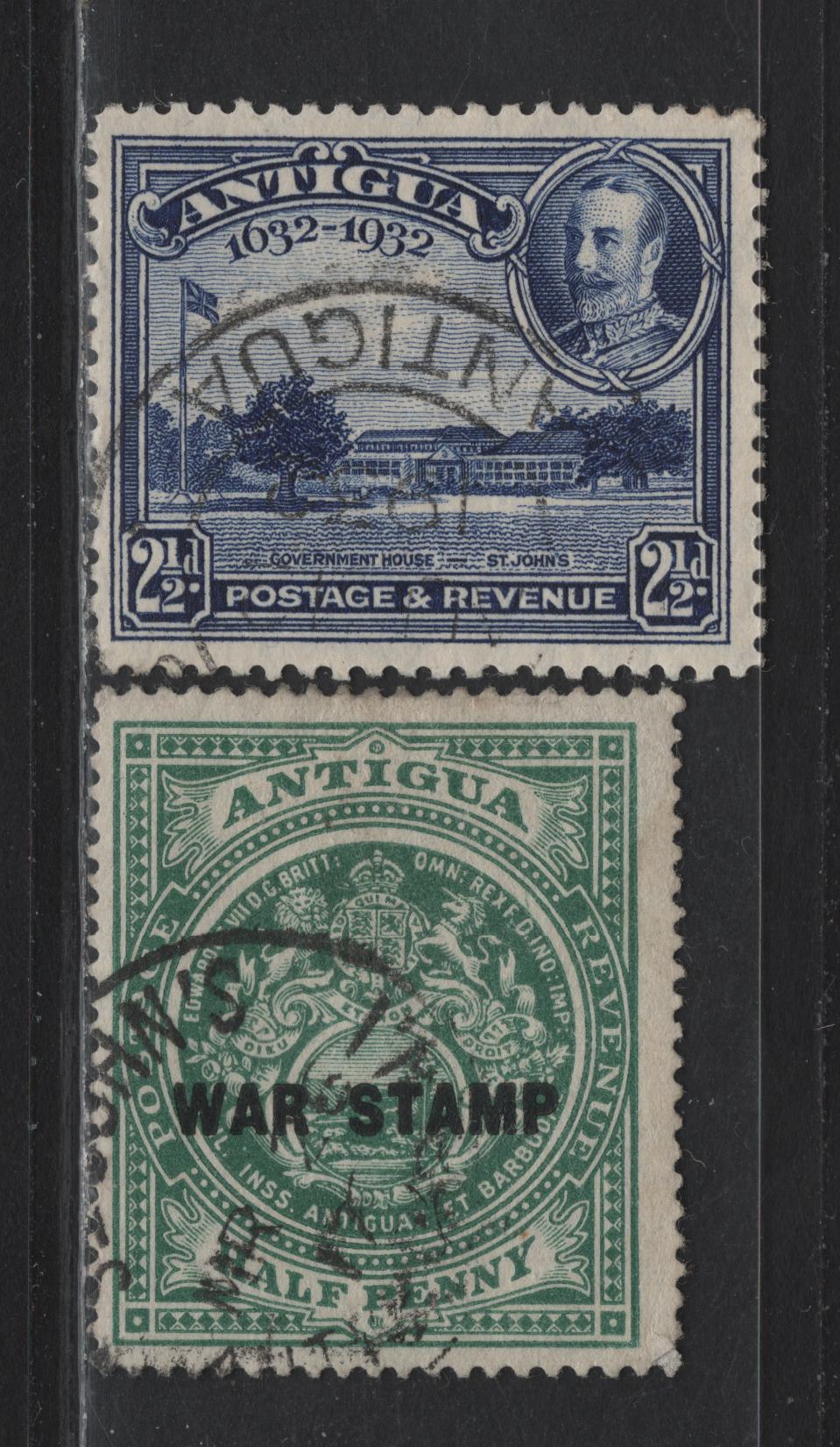Lot 205 Antigua (C) SG#52, 85 1/2d - 2.5d Green - Deep Blue , 1916-1932 War Tax Overprinted - Tercentenary Issues, 2 Fine Used Singles