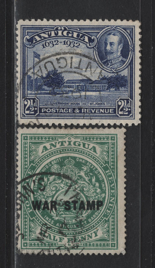 Lot 205 Antigua (C) SG#52, 85 1/2d - 2.5d Green - Deep Blue , 1916-1932 War Tax Overprinted - Tercentenary Issues, 2 Fine Used Singles