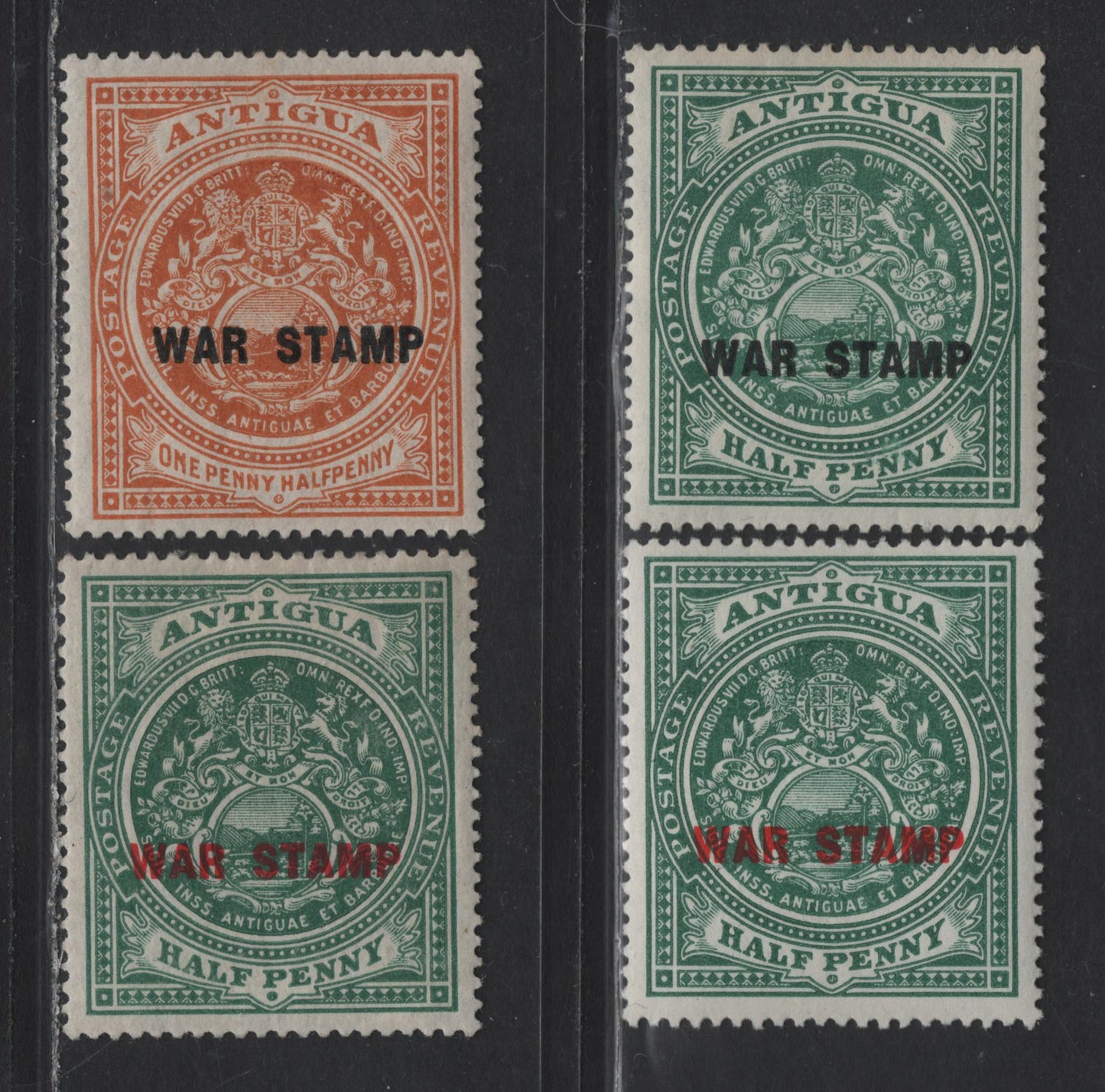 Lot 206 Antigua (C) SG#52-54 1/2d - 1.5d Green - Orange , 1916 War Tax Overprinted Issue, 4 VFOG Singles, Two Shades Of Green On the Red Overprint, One Bluer Than The Other