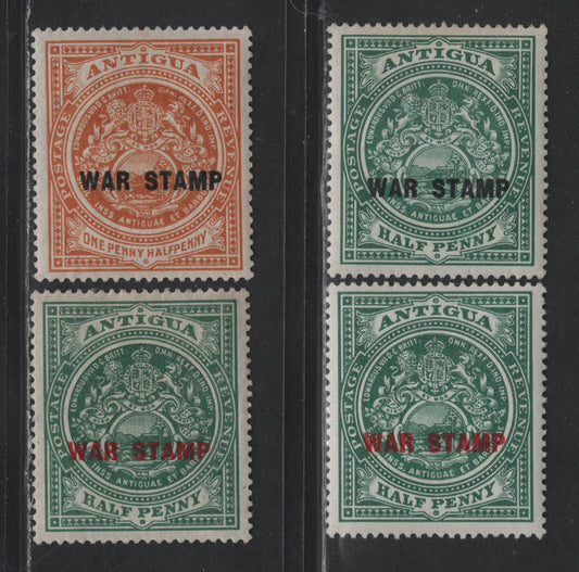 Lot 206 Antigua (C) SG#52-54 1/2d - 1.5d Green - Orange , 1916 War Tax Overprinted Issue, 4 VFOG Singles, Two Shades Of Green On the Red Overprint, One Bluer Than The Other