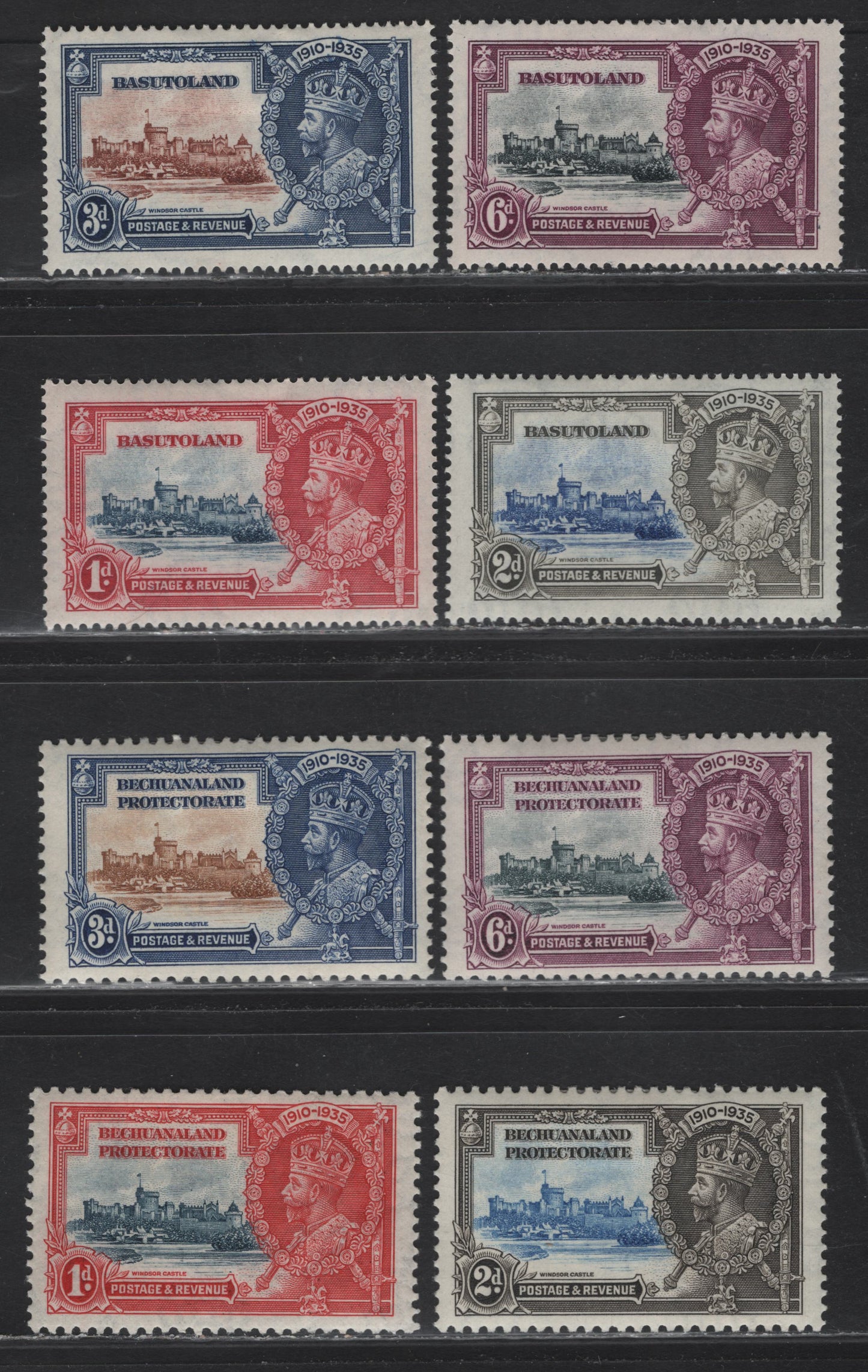 Lot 207 Basutoland & Bechuanaland (C) SG#11-14, 111-114 1d - 6d Deep Blue & Carmine - Slate & Purple , 1935 Silver Jubilee Issue, 8 VFOG Singles