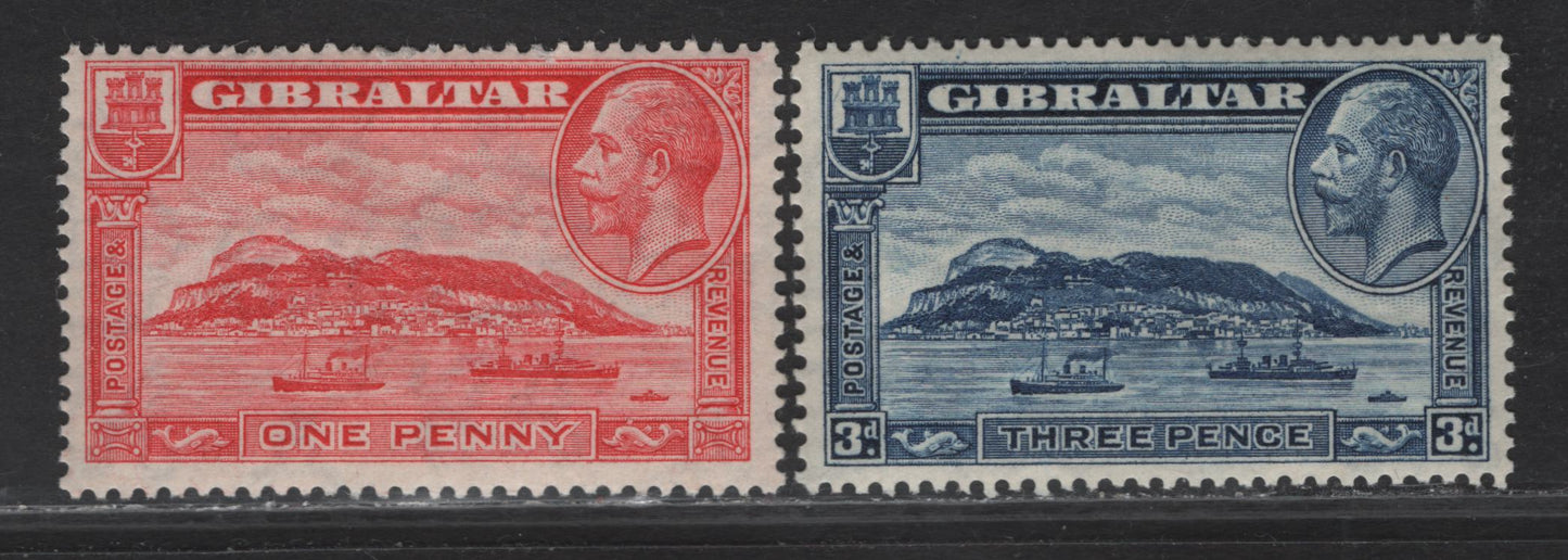Lot 209 Gibraltar (C) SG#110, 113 1d - 3d Scarlet - Blue , 1931-1933 KGV Rock of Gibraltar Definitive Issue, 2 F/VFOG Singles, Perf 14
