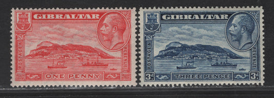 Lot 209 Gibraltar (C) SG#110, 113 1d - 3d Scarlet - Blue , 1931-1933 KGV Rock of Gibraltar Definitive Issue, 2 F/VFOG Singles, Perf 14