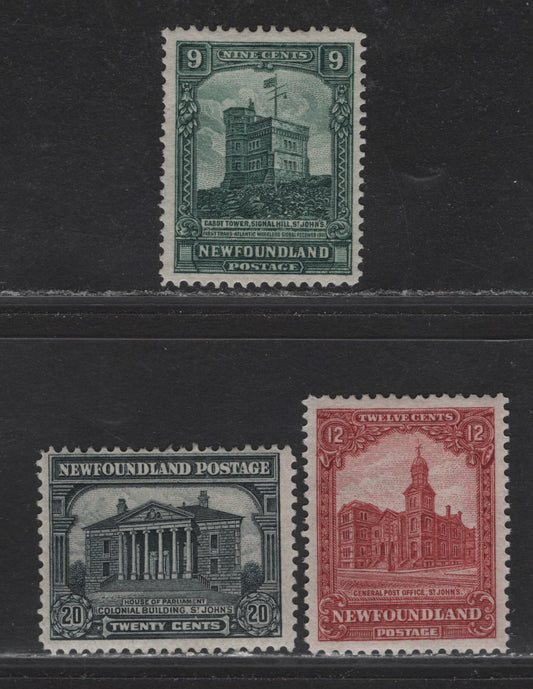 Lot 213 Newfoundland #152, 154, 157 9c - 20c Myrtle Green - Black , 1928 1st Publicity Issue, 3 F/VFOG Singles, 9c Line Perf 14x13.9, 12c Line Perf 14, 20c Line Perf 14x13.8.