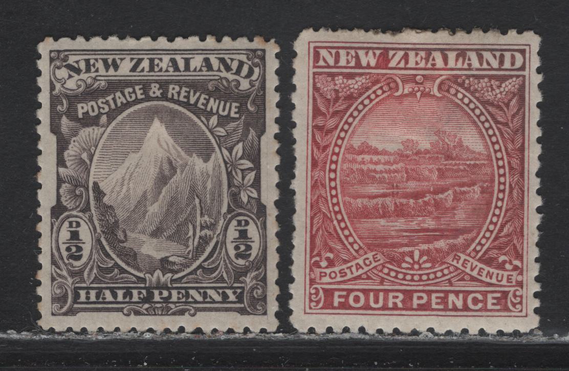 Lot 215 New Zealand (C) SG#246b, 252b 1/2d - 4d Purple Slate - Dull Rose , 1898 Waterlow Pictorial Issue, 2 F/VFOG Singles, Unwatermarked, Perf 12-16