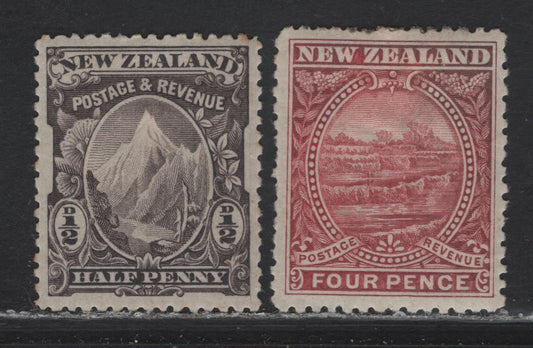 Lot 215 New Zealand (C) SG#246b, 252b 1/2d - 4d Purple Slate - Dull Rose , 1898 Waterlow Pictorial Issue, 2 F/VFOG Singles, Unwatermarked, Perf 12-16
