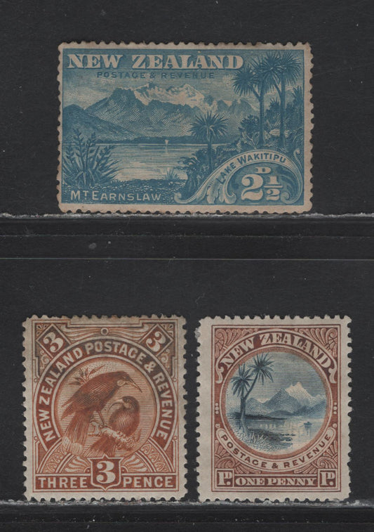 Lot 217 New Zealand (C)  SG#247, 249a, 251 1d - 3d Blue & Yellow Brown - Yellow Brown , 1898 Waterlow Pictorial Issue, 3 Fine/Very Fine Used Singles, No Watermark, Perf 12-16, Some Toning On 2.5d & Oxidation On 3d.