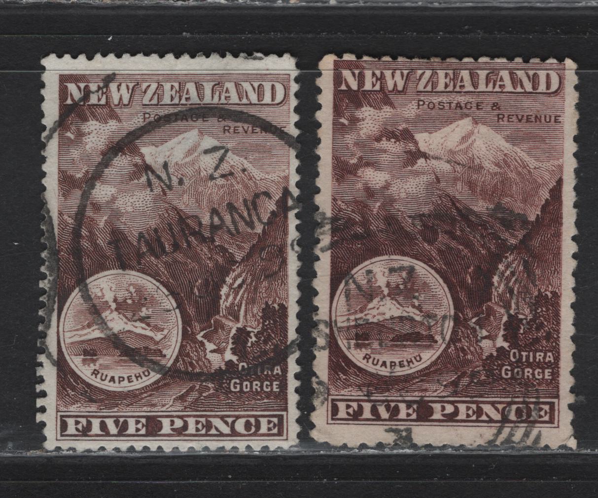 Lot 218 New Zealand (C)  SG#253-a 5d Sepia & Purple , 1898 Waterlow Pictorial Issue, 2 Very Good/Fine Used Singles, Unwatermarked, Perf 12-16, Shallow Hinge On Sepia Stamp, Visible Only With Backlight.