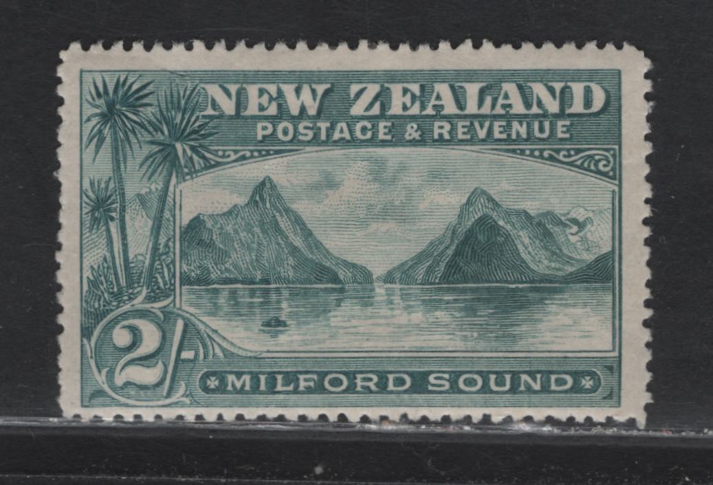 Lot 222 New Zealand (C)  SG#258 2/- Gray Green , 1898 Waterlow Pictorial Issue, A VGOG Single, Unwatermarked, Perf 12-16, Tiny Pinpoint Thin Near Top.
