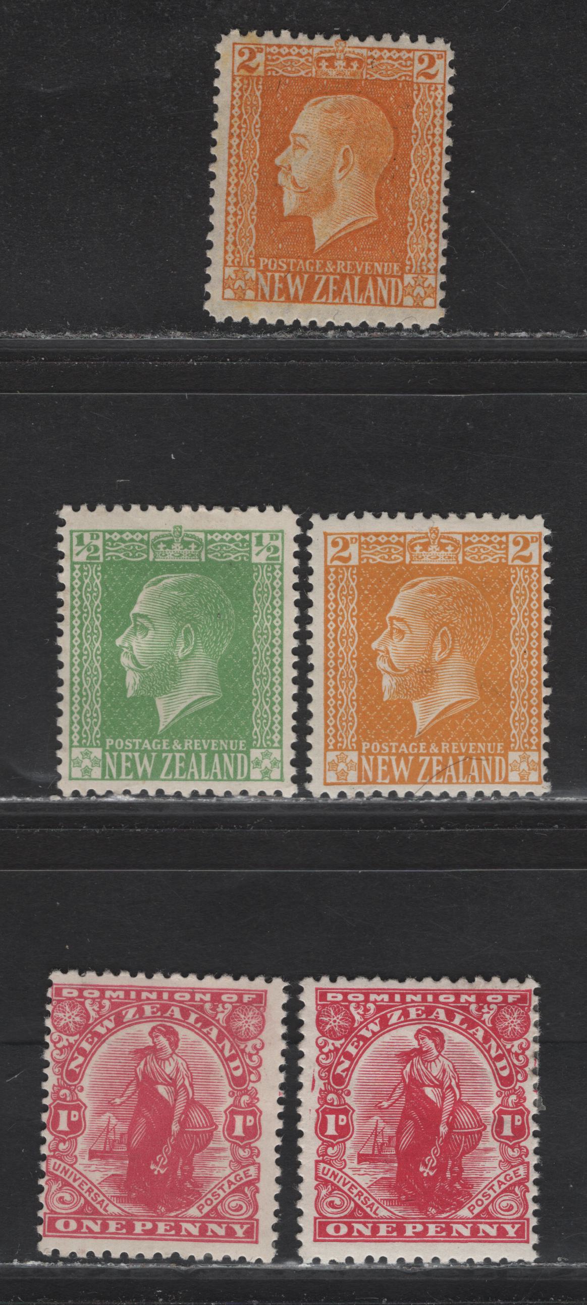 Lot 224 New Zealand (C)SG#418, 409, 410, 444, 439 1d - 2d Carmine - Yellow , 1909-1933 Universal Penny Postage - Surface Printed King George V Issues, 5 FOG Singles, Including De La Rue Paper 2d Yellow, Art Paper 1d & 1/2d & Cowen Paper 1d