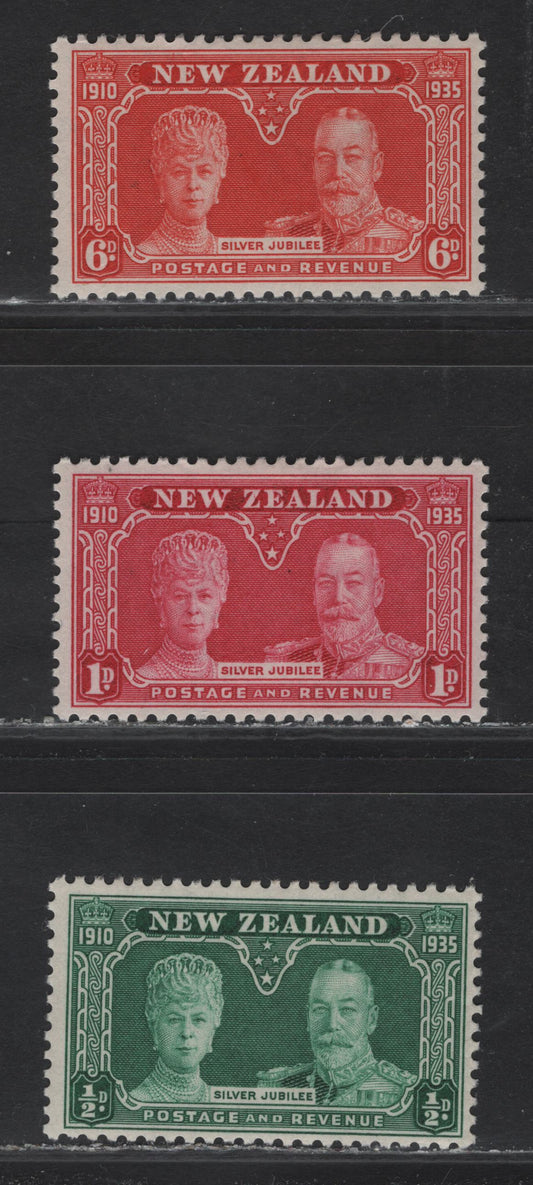 Lot 225 New Zealand (C)SG#573-575 1/2d - 6d Green - Red Orange , 1935 Silver Jubilee Issue, 3 VFOG Singles