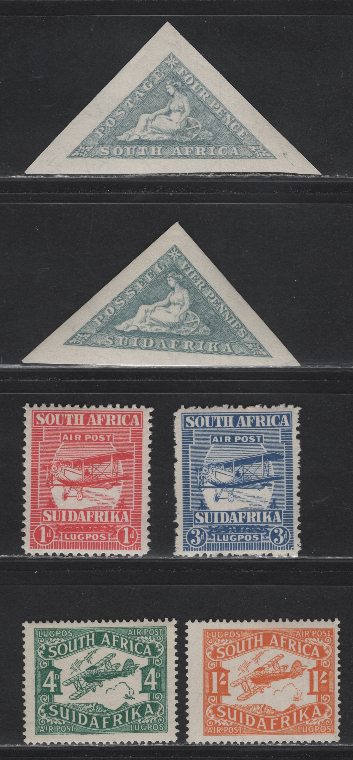 Lot 228 South Africa (C)  SG#26-27, 33-a, 40-41 1d - 1/- Carmine - Orange , 1925-1929 Airmail Issues, 6 F/VFOG/NH Singles, Both Triangulars Are NH