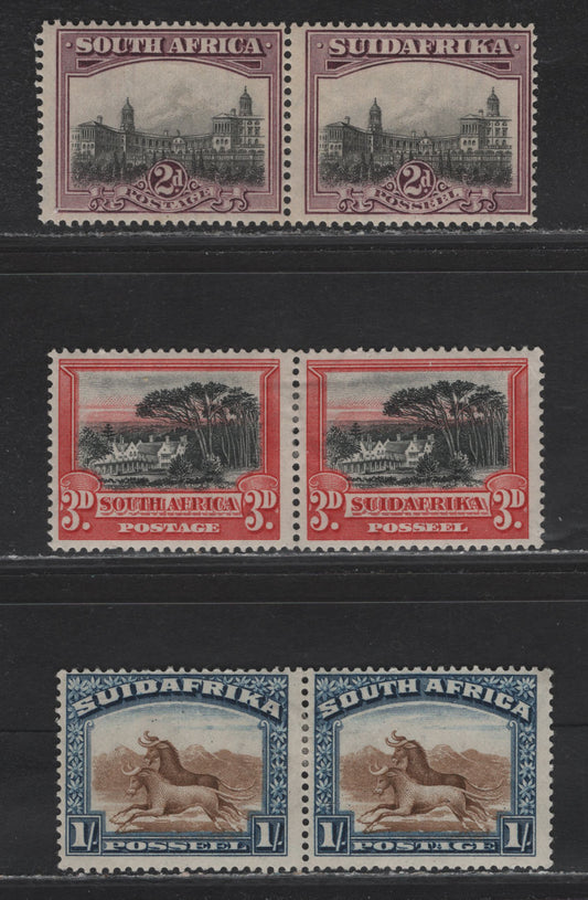 Lot 229 South Africa (C)  SG#34-36 2d - 1/- Gray & Maroon - Brown & Deep Blue , 1927-1930 Engraved Pictorial Issue, 3 FOG Pairs, Perf 14
