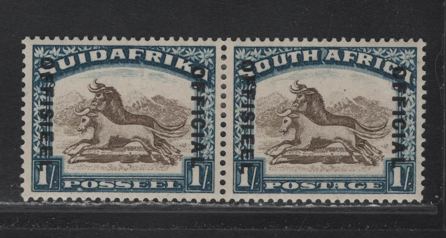 Lot 236 South Africa (C)  SG#O17b 1/- Brown & Deep Blue , 1930-1947 Photogravue Pictorial Issue, A VFOG Pair, Inverted Wmk, Lines Of Overprint 21.5mm Apart, Suidafrica Being One Word.