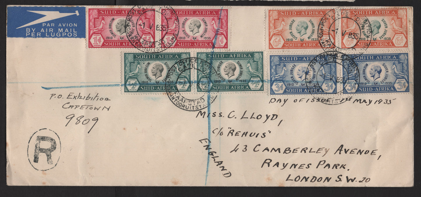 Lot 237 South Africa (C) SG#65-68 1/2d - 6d Black & Blue - Green & Orange , 1935 Silver Jubilee Issue, A Very Fine Used Cover, Registered FDC to London, Showing Unlisted, But Constant Plate Flaws On Every pair Of Stamps.