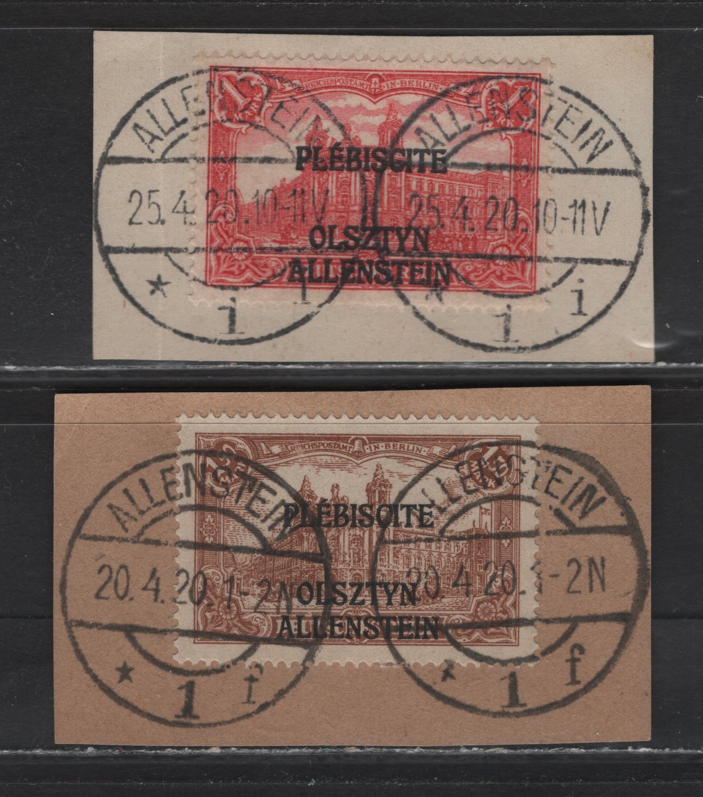 Lot 248 Allenstein (C) SC#10, 12 1m - 1.5m Carmine Rose - Yellow Brown , 1920 Plebiscite Overprinted Germania Issue, 2 Very Fine Used Singles, Tied to Piece