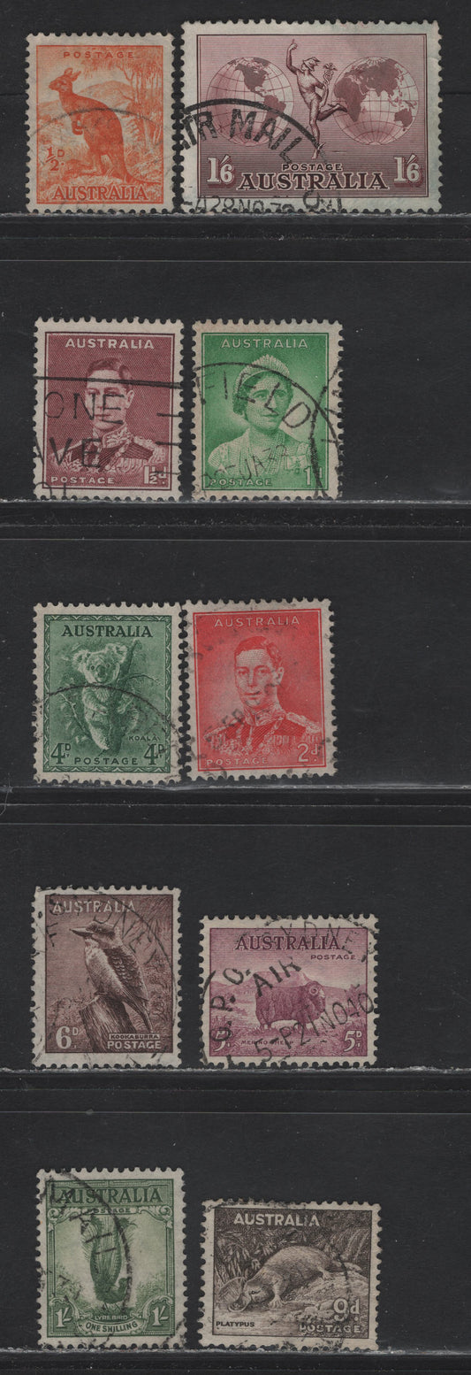 Lot 249 Australia (C) SG#153a, 164-167, 170-174 1/6d - 1/- Brown Purple - Gray Green , 1937-1949 Zoological - Mercury Airmail Issues, 10 Fine/Very Fine Used Singles, Perfs 13.5x14 & 14x13.5