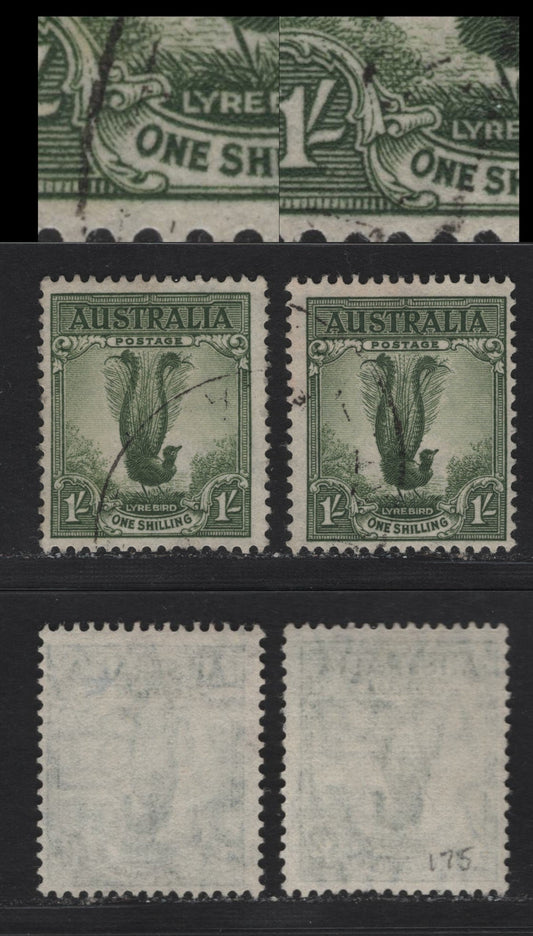 Lot 250 Australia (C) SG#192-a 1/- Gray Green , 1937-1949 Zoological Issue, 2 Fine Used Singles, Perf 15x14, Showing Roller Flaw Over 'o' of One, With Normal For Comparison.