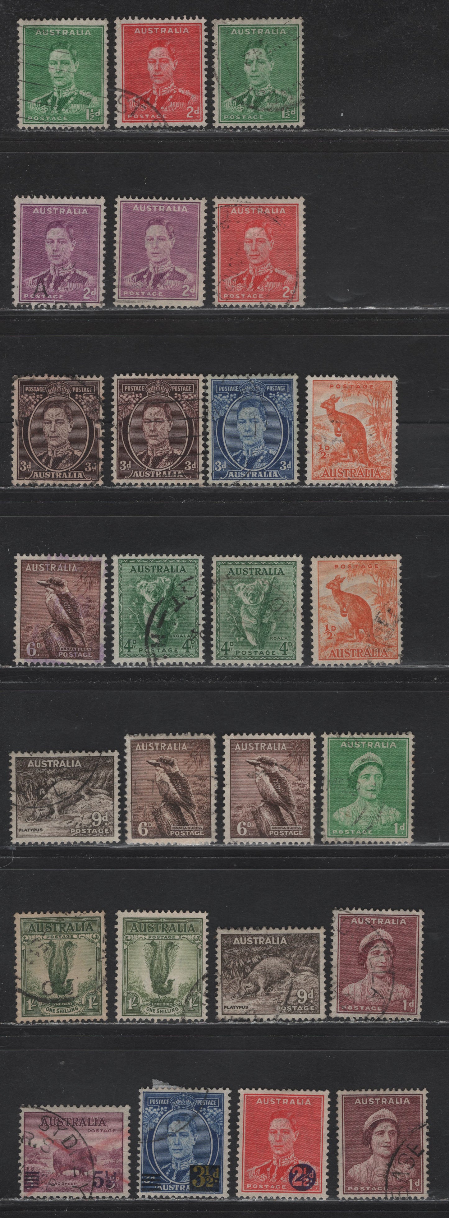 Lot 252 Australia SG#179-181, 183-192, 200-202 1/2d - 5.5d on 5d Orange - Purple , 1937-1949 Zoological Issue, 26 Very Fine Used Singles, Many Unlisted, Subtle Shade Variations