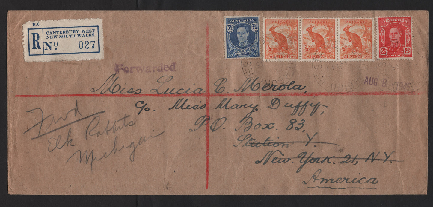 Lot 253 Australia SG#179, 206-207 1/2d - 3.5 Orange - Bright Blue , 1937-1950 Zoological - Portrait Issues, 3 Very Fine Used Singles, Franked On Cover, 1945 Forwarded Register To The US, Light Wear.