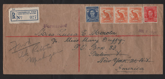 Lot 253 Australia SG#179, 206-207 1/2d - 3.5 Orange - Bright Blue , 1937-1950 Zoological - Portrait Issues, 3 Very Fine Used Singles, Franked On Cover, 1945 Forwarded Register To The US, Light Wear.