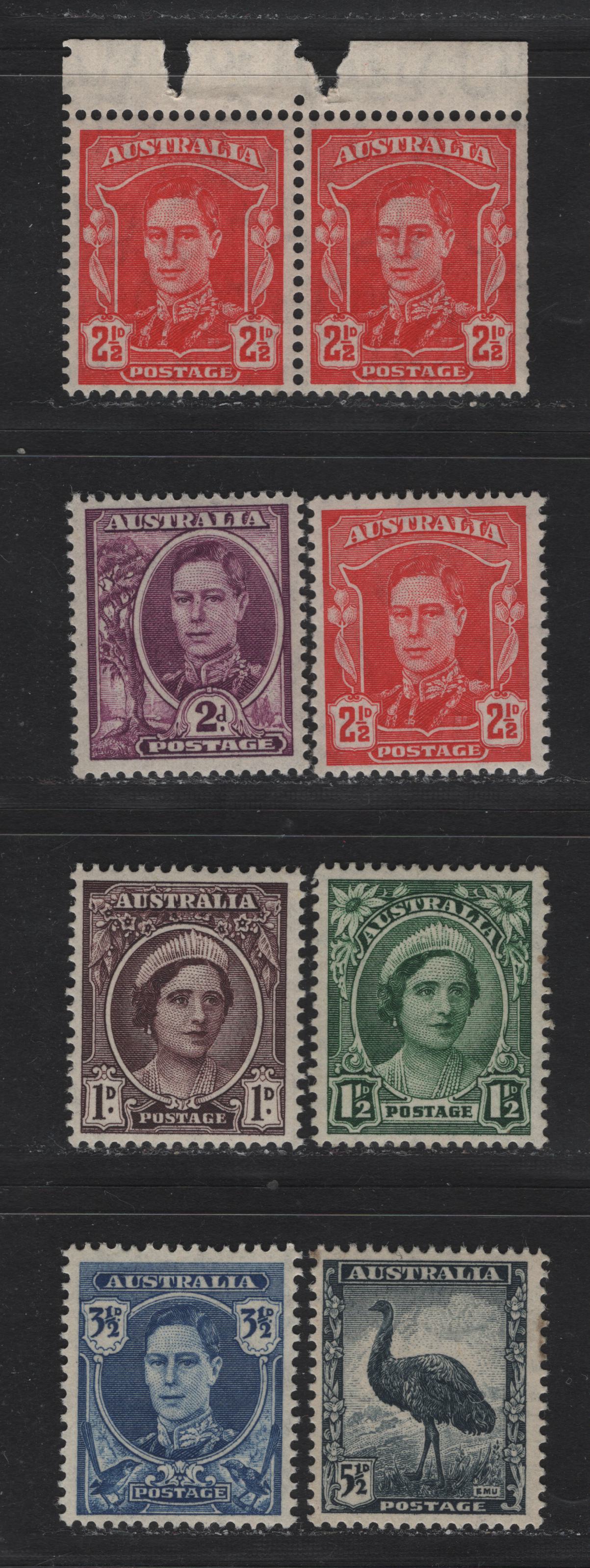 Lot 254 Australia SG#203-206a, 207a, 208a 1d - 5.5d Brown Purple - Slate Blue , 1942-1950 KGVI Portraits Issue, 8 VFNH Singles & Pair, 3.5d Is the Dark Blue Shade & Booklet Pair With Normal, Upright Wmk
