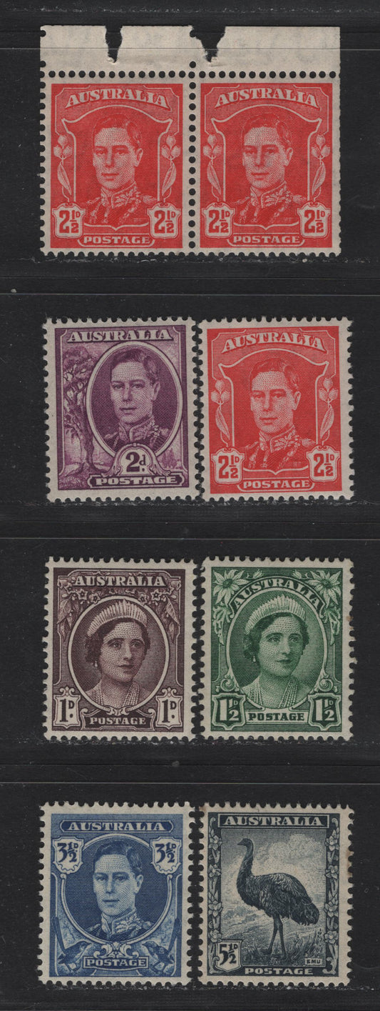 Lot 254 Australia SG#203-206a, 207a, 208a 1d - 5.5d Brown Purple - Slate Blue , 1942-1950 KGVI Portraits Issue, 8 VFNH Singles & Pair, 3.5d Is the Dark Blue Shade & Booklet Pair With Normal, Upright Wmk