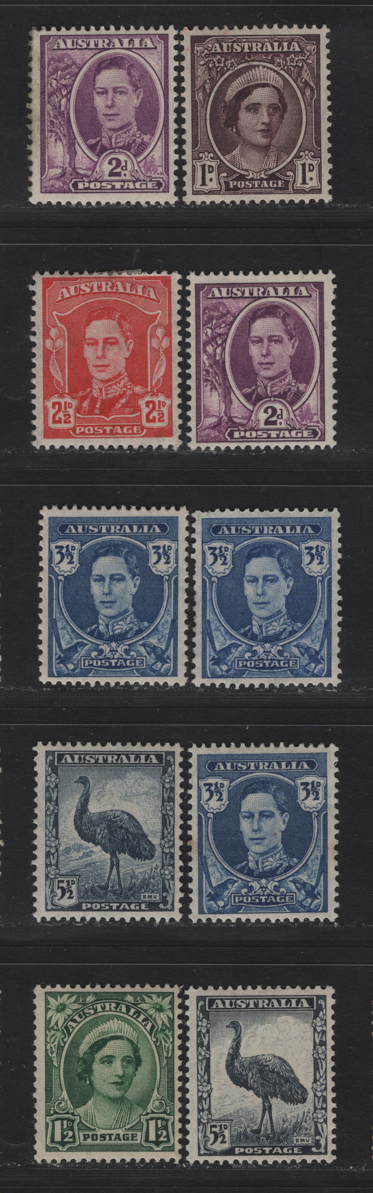 Lot 255 Australia (C) SG#203-208, 207a 1d - 5.5d Brown Purple - Slate Blue , 1942-1950 KGVI Portraits Issue, 10 F/VFOG Singles, Include Unlisted Variations Of The 2d & 5.5d, 3.5d Has Different Shades & Paper Types