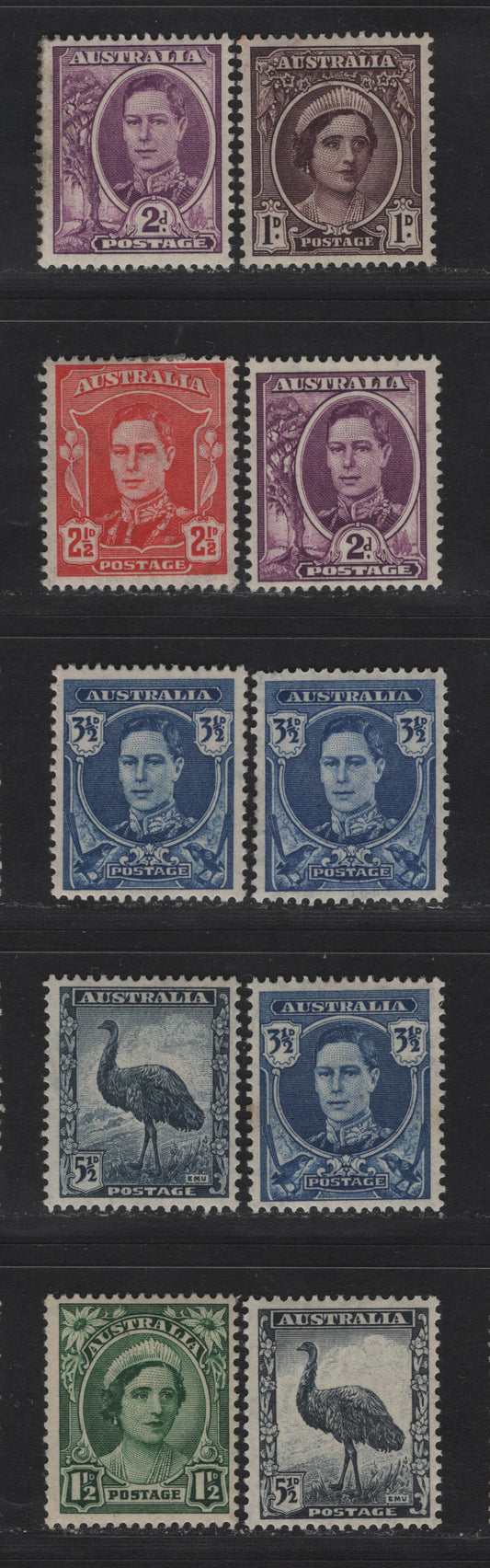 Lot 255 Australia (C) SG#203-208, 207a 1d - 5.5d Brown Purple - Slate Blue , 1942-1950 KGVI Portraits Issue, 10 F/VFOG Singles, Include Unlisted Variations Of The 2d & 5.5d, 3.5d Has Different Shades & Paper Types