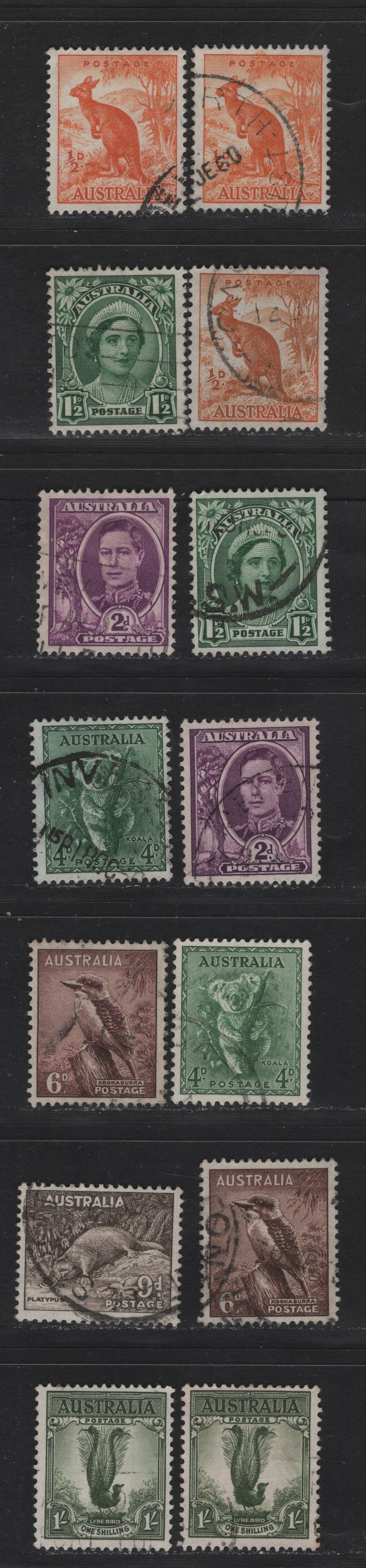 Lot 257 Australia (C) SG#228-230d 1/2d - 1/- Orange - Gray Green , 1948-1956 Unwatermarked Zoological Issue, 14 Very Fine Used Singles, Includes Shade Variations Of Most Values