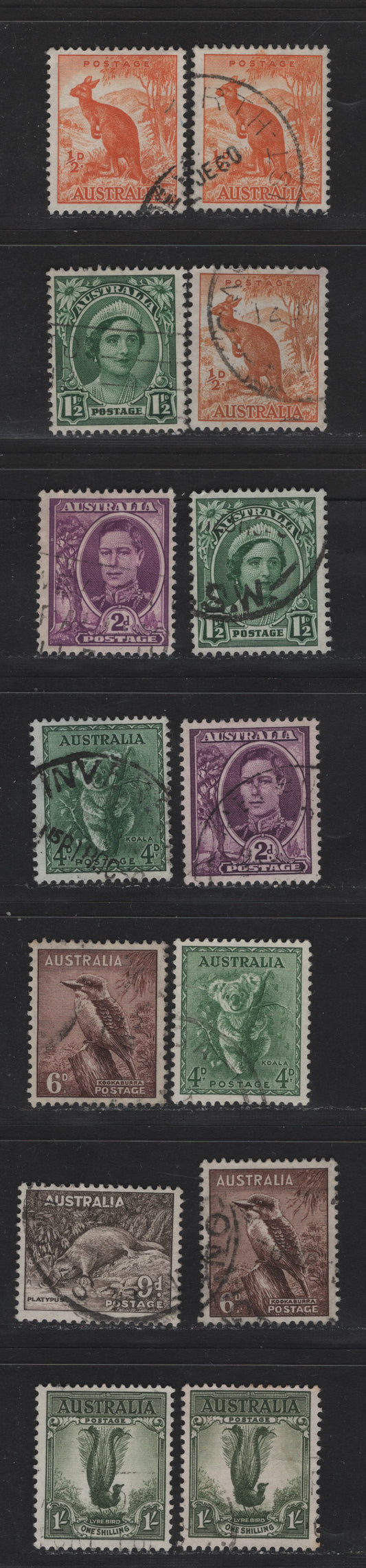 Lot 257 Australia (C) SG#228-230d 1/2d - 1/- Orange - Gray Green , 1948-1956 Unwatermarked Zoological Issue, 14 Very Fine Used Singles, Includes Shade Variations Of Most Values