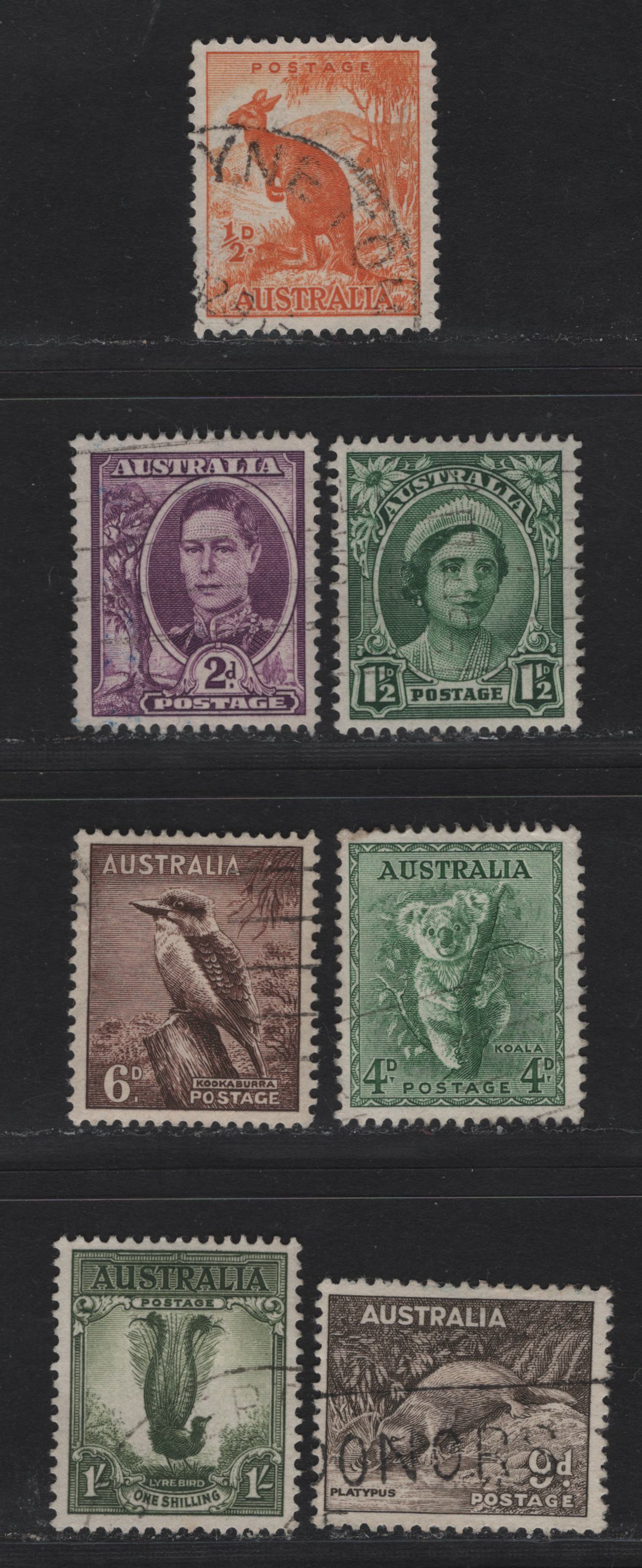 Lot 258 Australia (C) SG#228-230d 1/2d - 1/- Orange - Gray Green , 1948-1956 Unwatermarked Zoological Issue, 7 Very Fine Used Singles