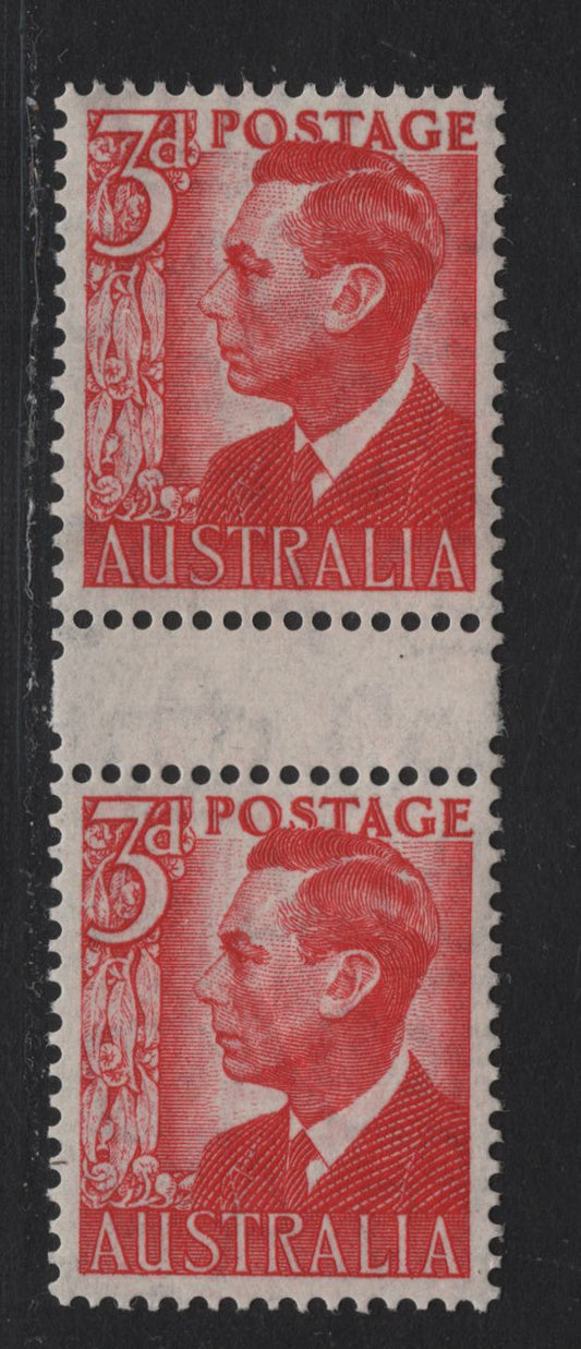 Lot 259 Australia SG#235 3d Scarlet , 1950-1952 KGVI & Queen Elizabeth Definitive Issues, A VFNH Gutter Pair, Unlisted, From A Booklet Sheet, Issued As Sheet Stamps Instead
