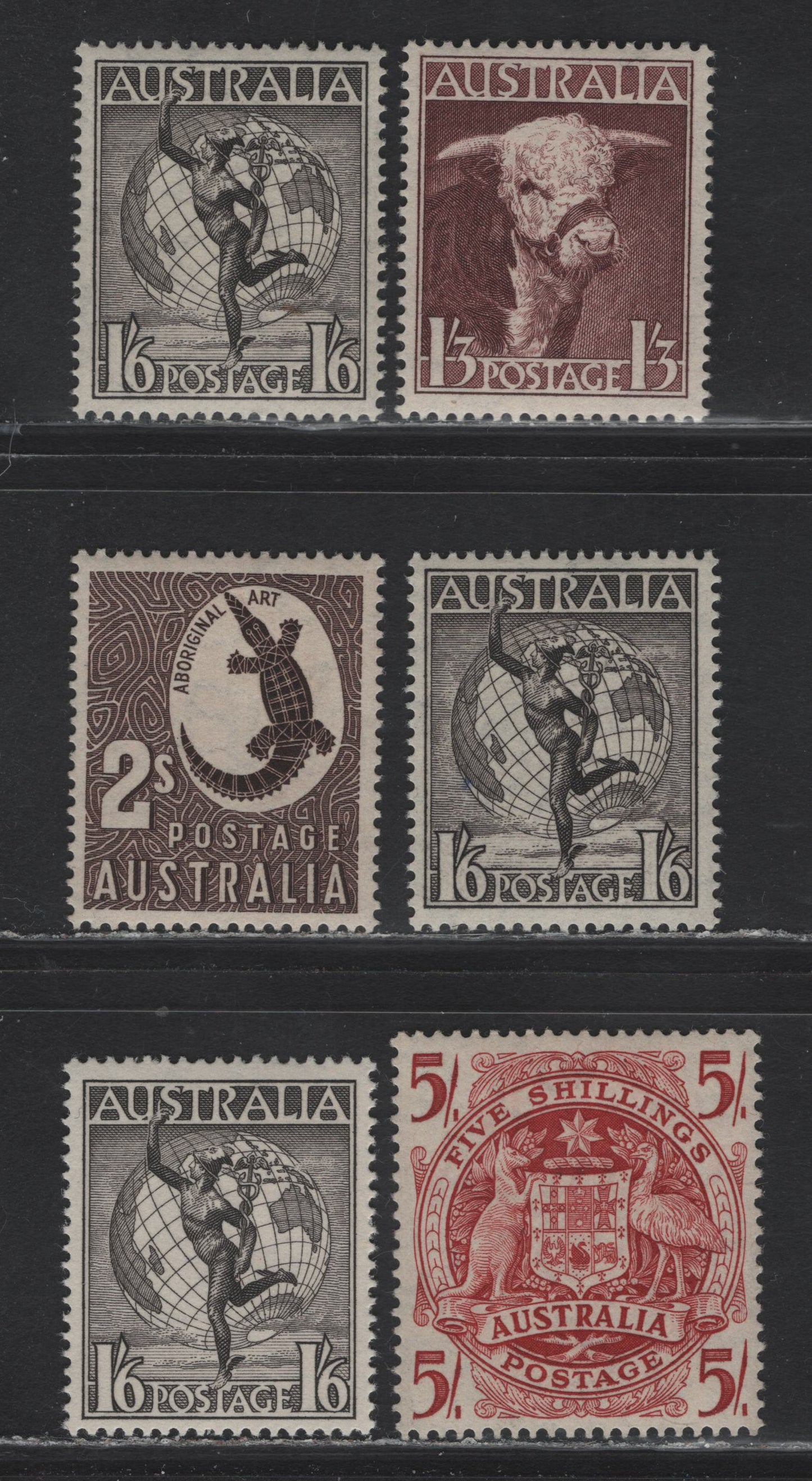 Lot 260 Australia SG#223-224a,e 1/3d - 1/6 Brown Purple - Slate Blue , 1948-1956 High Value Definitive, 6 VFOG Singles, Watermarked & Unwatermarked