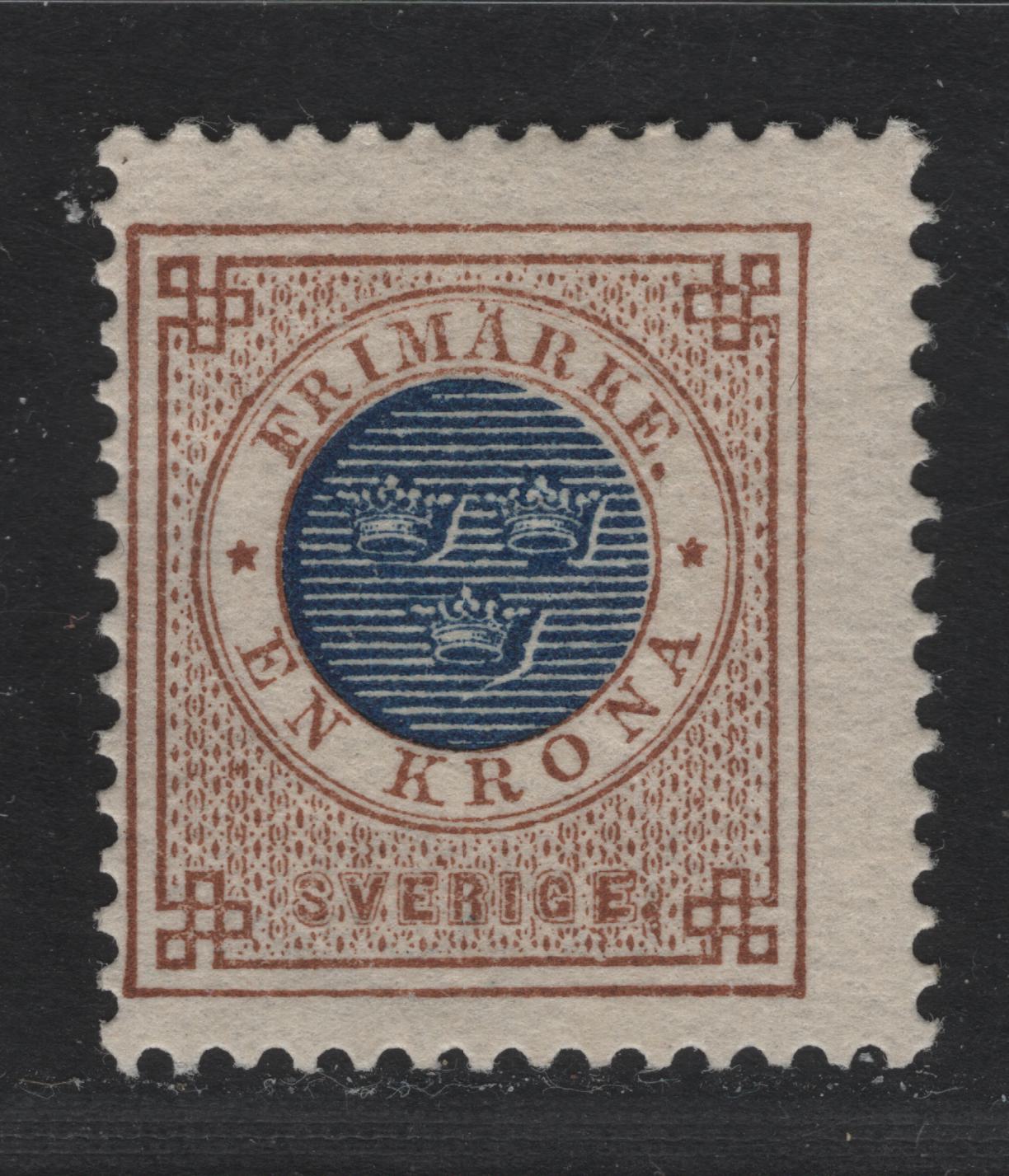 Lot 26 Sweden SC#49 1k Brown & Dark Blue Numeral, 1886-1891 Numeral Issue, A VGOG Single, Small Hinge Thin