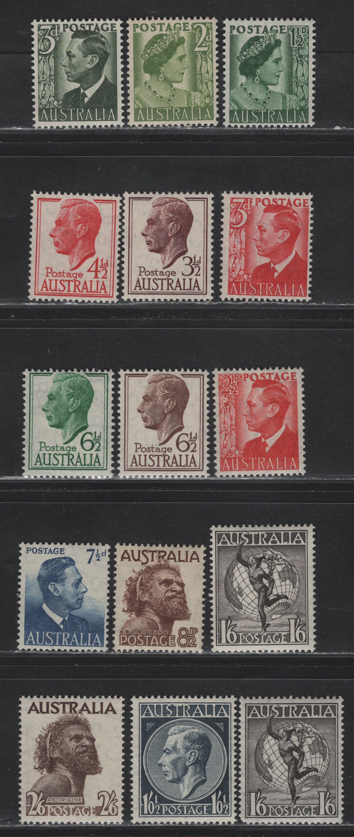 Lot 261 Australia SG#234-237,d, 238, 247-253 2.5d - 2/6 Scarlet - Deep Brown , 1950-1952 King George VI & Queen Elizabeth Definitives, 15 F/VFOG/NH Singles, 3d, 3.5d, 8.5d & 2/6 Are Hinged