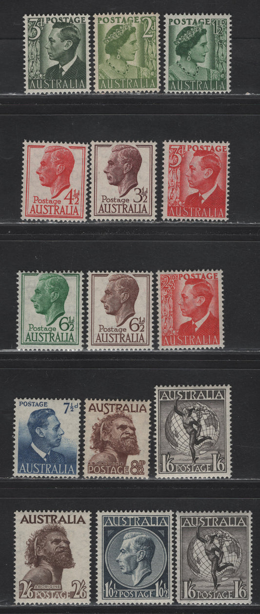 Lot 261 Australia SG#234-237,d, 238, 247-253 2.5d - 2/6 Scarlet - Deep Brown , 1950-1952 King George VI & Queen Elizabeth Definitives, 15 F/VFOG/NH Singles, 3d, 3.5d, 8.5d & 2/6 Are Hinged