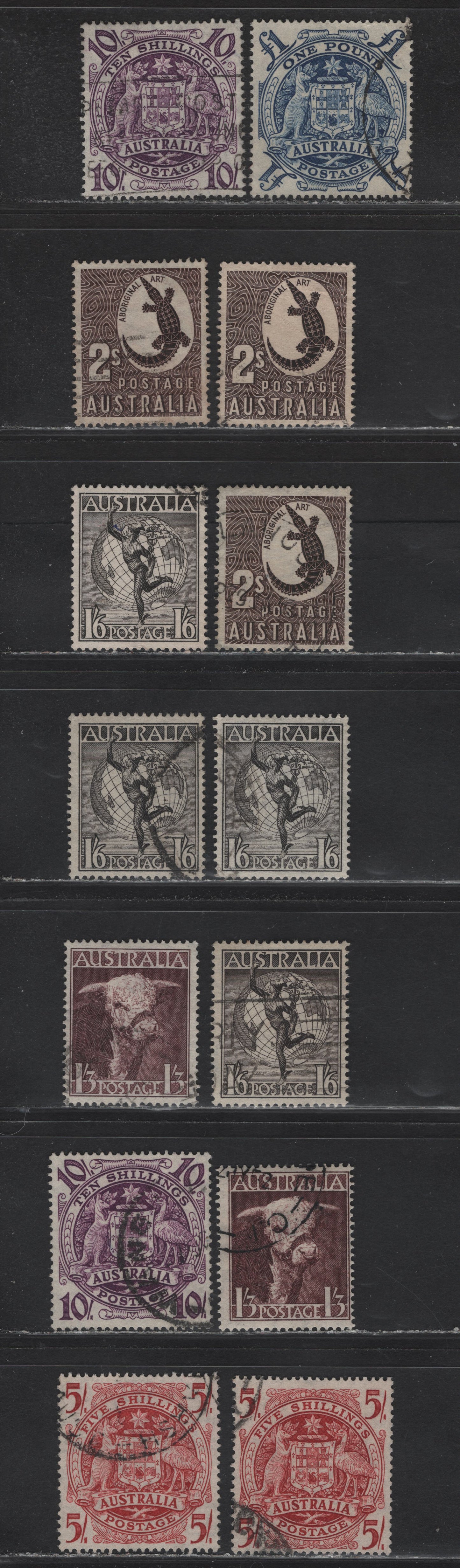 Lot 262 Australia (C) SG#223-224c, 224e-f 1/3d - £1 Brown Purple - Blue , 1948-1956 King George VI & Queen Elizabeth Definitives, 14 Fine/Very Fine Used Singles, Shade Variations & Both Wmked & Unwmked Versions Of 1/6d & 2/- Values