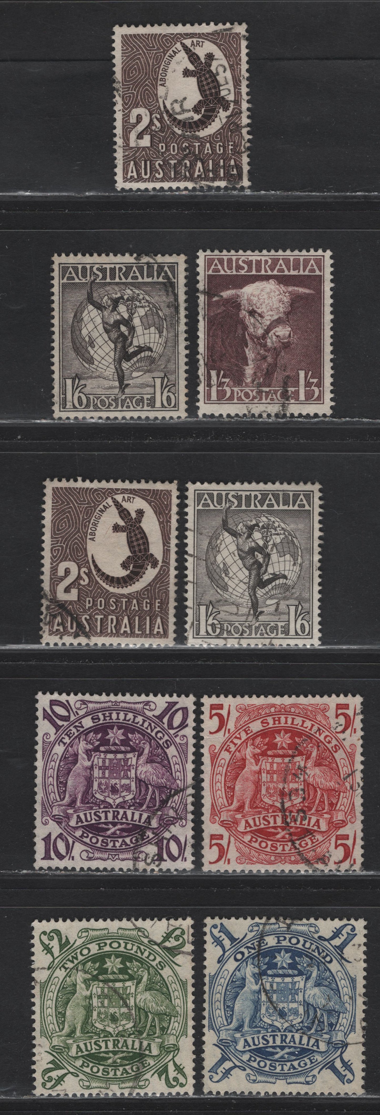 Lot 263 Australia (C) SG#223-224f 1/3d - £2 Brown Purple - Green , 1948-1956 King George VI & Queen Elizabeth Definitives, 9 Very Fine Used Singles, Watermarked & Unwatermarked