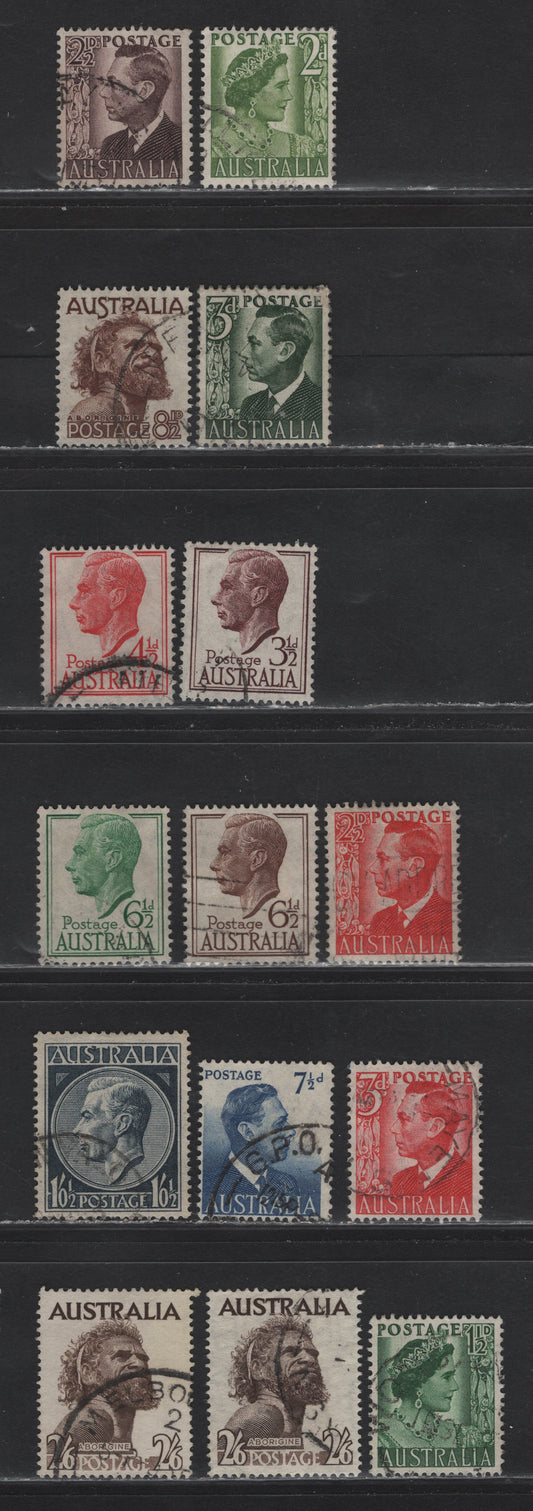 Lot 265 Australia (C) SG#234-237d, 238, 247-253b 2.5d - 2/6 Scarlet - Deep Brown , 1950-1952 King George VI & Queen Elizabeth Definitives, 15 Fine/Very Fine Used Singles, Complete Used Set, Including Watermarked & Unwatermarked 2/6