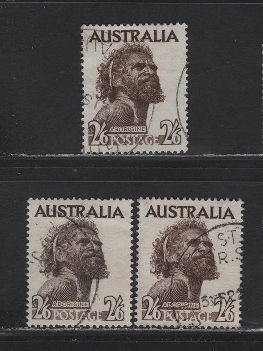 Lot 266 Australia SG#253b,ba 2/6 Deep Brown, Sepia & Blackish Brown , 1952-1965 Pictorial Issue, 3 Very Fine Used Singles, 1957 & 1965 Emergency Printings