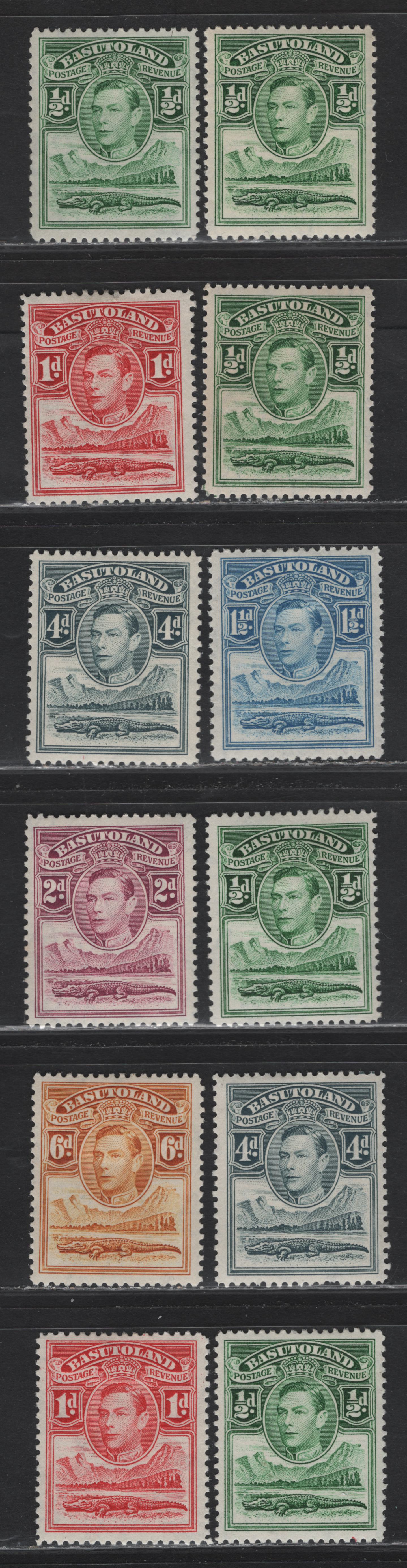 Lot 269 Basutoland (C) SG#18-21, 23-24 1/2d - 6d Green - Orange Yellow , 1938-1952 King George VI Nile & Crocodile Issue, 12 F/VFOG Singles, Selection of Different Printings
