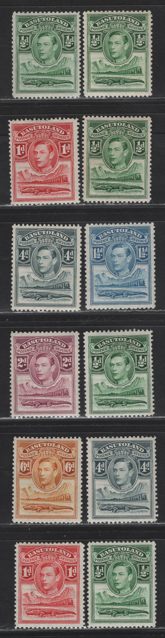 Lot 269 Basutoland (C) SG#18-21, 23-24 1/2d - 6d Green - Orange Yellow , 1938-1952 King George VI Nile & Crocodile Issue, 12 F/VFOG Singles, Selection of Different Printings