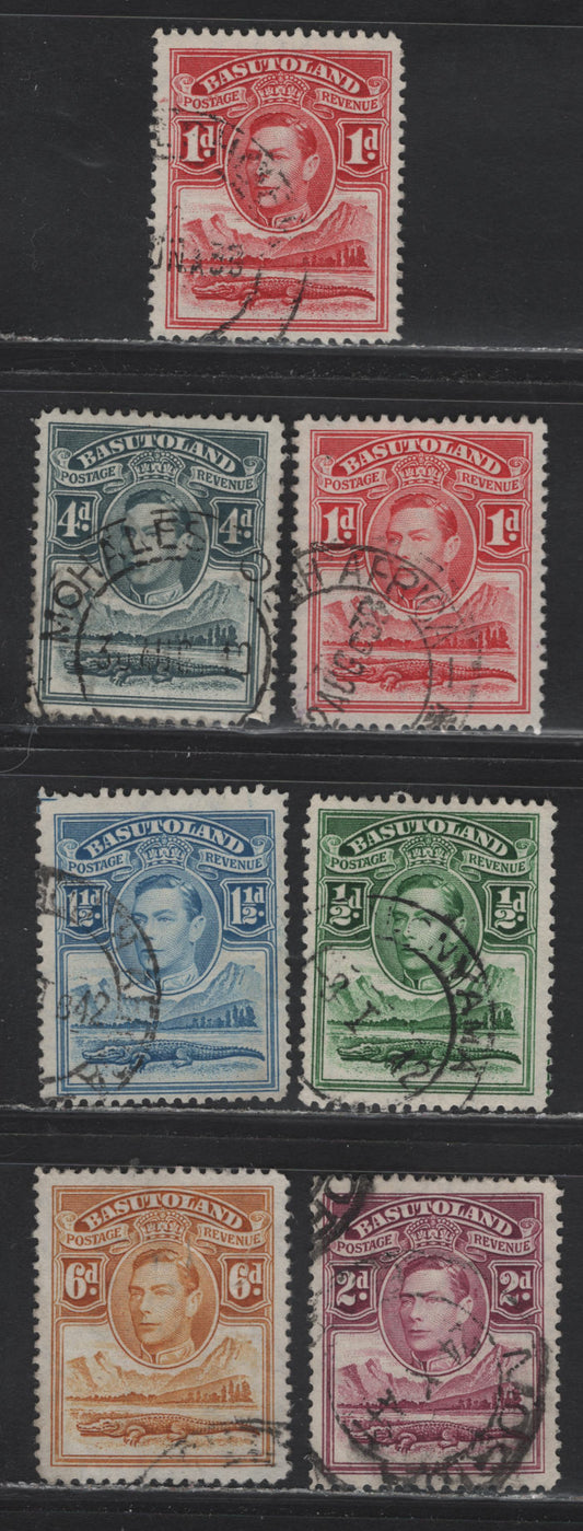 Lot 270 Basutoland (C) SG#18-21, 23-24 1/2d - 6d Green - Orange Yellow , 1938-1953 King George VI Nile & Crocodile Issue, 7 Fine/Very Fine Used Singles, 1938 & 1942 Printings On Opaque Vertical Wove Paper With Barely Visible Wmk