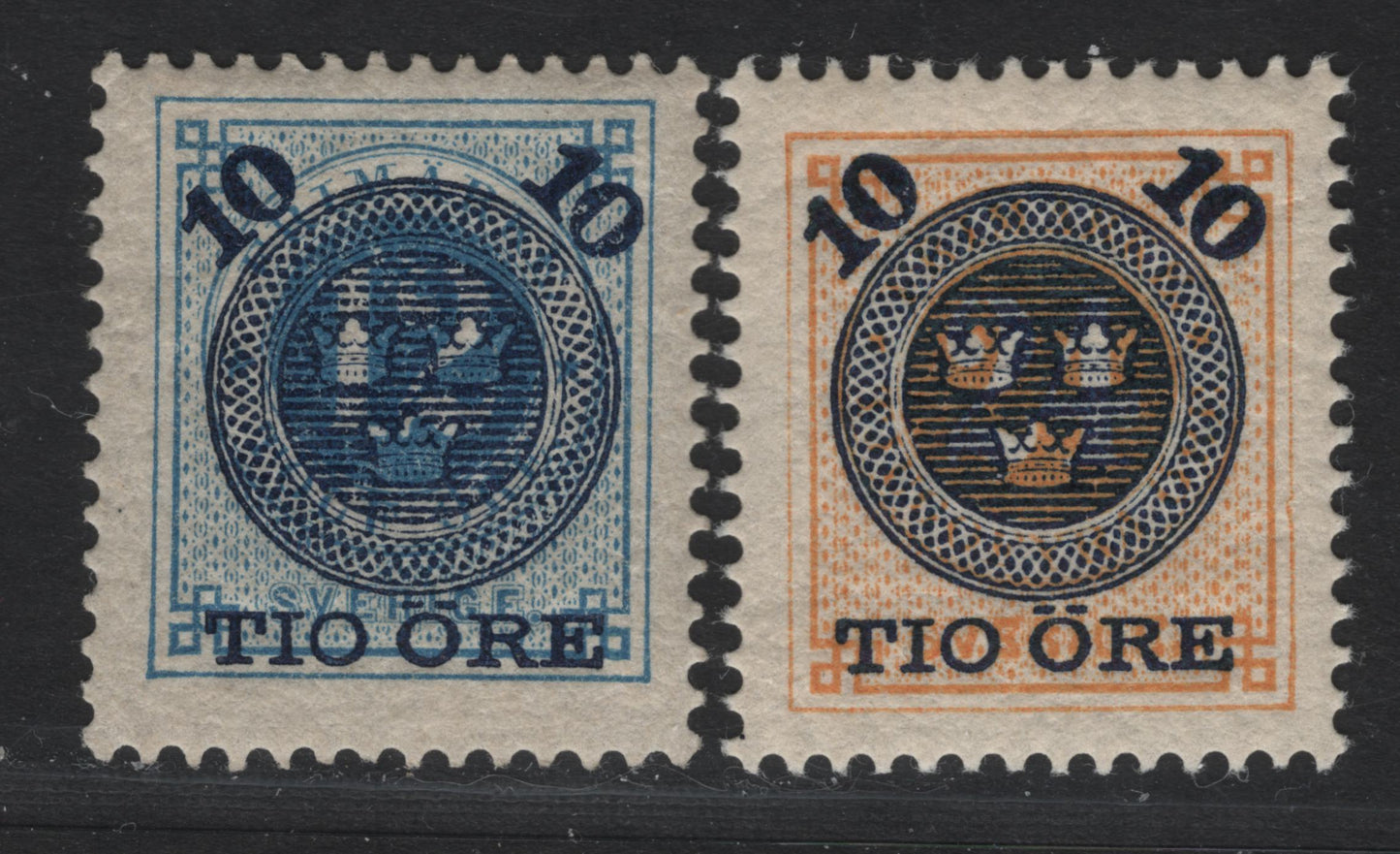 Lot 27 Sweden SC#50-51 10o on 12o - 10o on 24o Blue - Orange Numeral, 1889 Surcharged Issue, 2 F/VFOG Singles