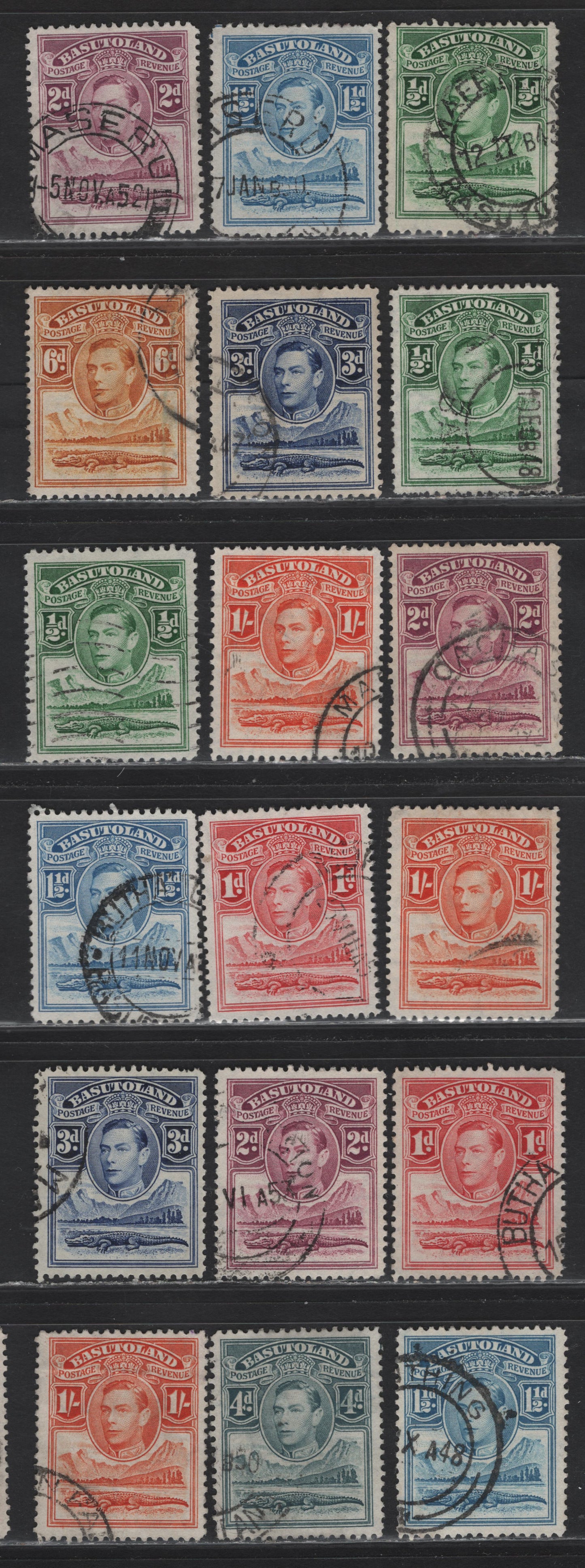 Lot 271 Basutoland (C) SG#18-25 1/2d - 1/- Green - Orange , 1938-1953 King George VI Nile & Crocodile Issue, 18 Fine/Very Fine Used Singles, 1944, 1947-1948 & 1950-1952 Printings