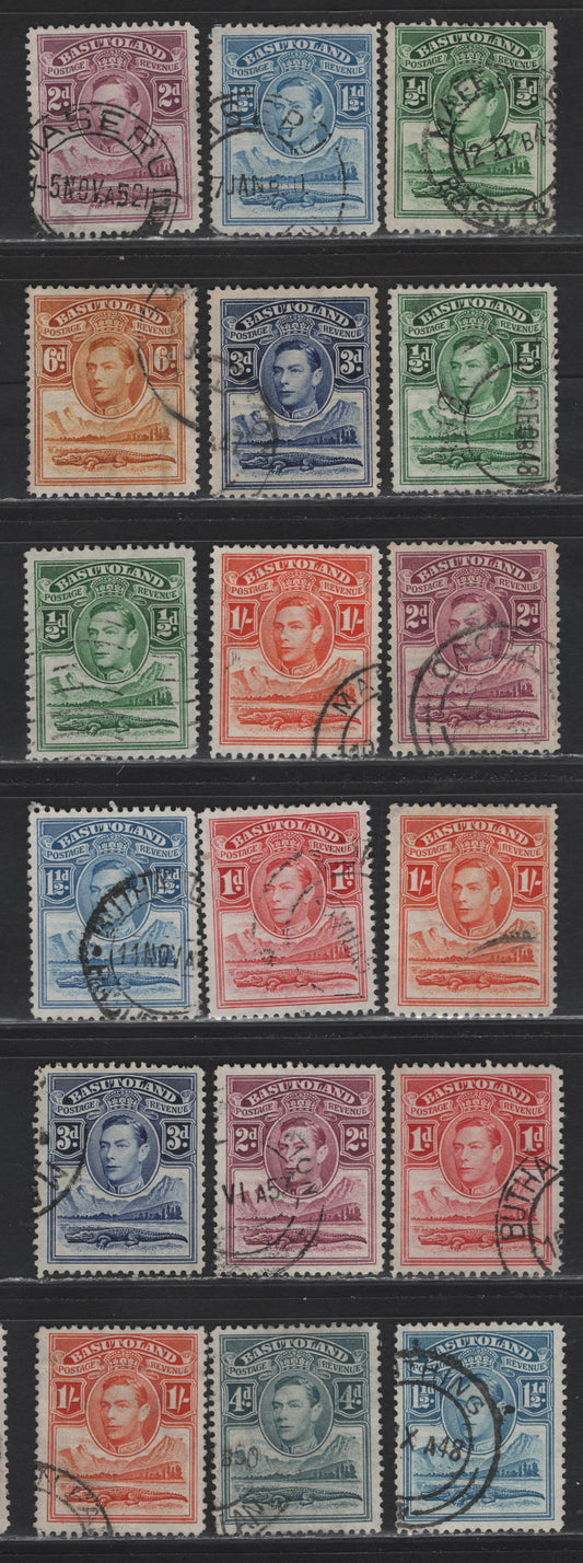 Lot 271 Basutoland (C) SG#18-25 1/2d - 1/- Green - Orange , 1938-1953 King George VI Nile & Crocodile Issue, 18 Fine/Very Fine Used Singles, 1944, 1947-1948 & 1950-1952 Printings