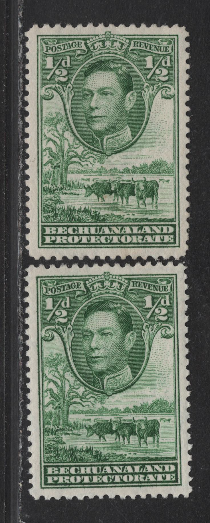 Lot 273 Bechuanaland (C) SG#118,b 1/2d Yellowish Green & Green , 1938-1982 KGVI Baobab Tree & Cattle Issue, 2 FOG Singles, 1942-43 Printings On Opaque Paper With Crackly Gum With Regular Diagonal Cracks