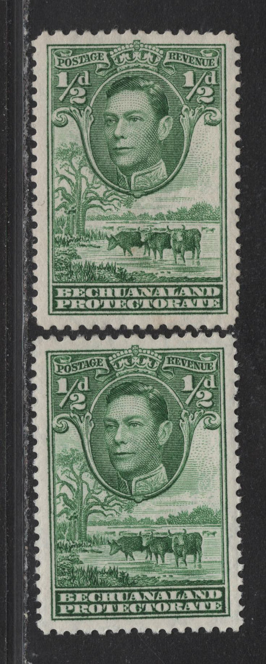 Lot 273 Bechuanaland (C) SG#118,b 1/2d Yellowish Green & Green , 1938-1982 KGVI Baobab Tree & Cattle Issue, 2 FOG Singles, 1942-43 Printings On Opaque Paper With Crackly Gum With Regular Diagonal Cracks