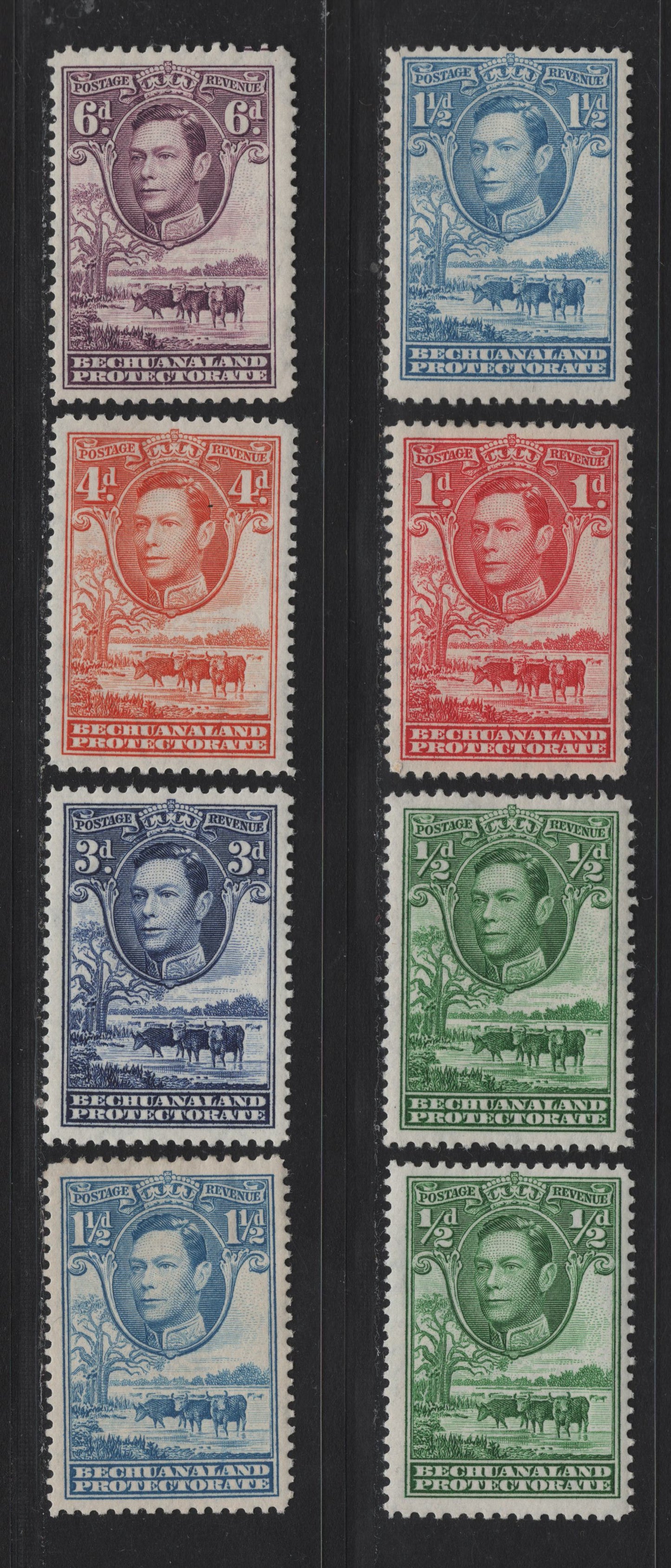 Lot 274 Bechuanaland (C) SG#118-120a, 122-123, 124a 1/2d - 6d Green - Purple , 1938-1982 KGVI Baobab Tree & Cattle Issue, 7 F/VFOG Singles, 1942-1943 Printings On Opaque Wove Paper Having Crackly Gum, Regular Diagonal Cracks